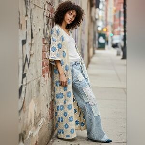 POL Patchwork Openwork Crochet Longline Cardigan Open Front Contrast Duster Blue
